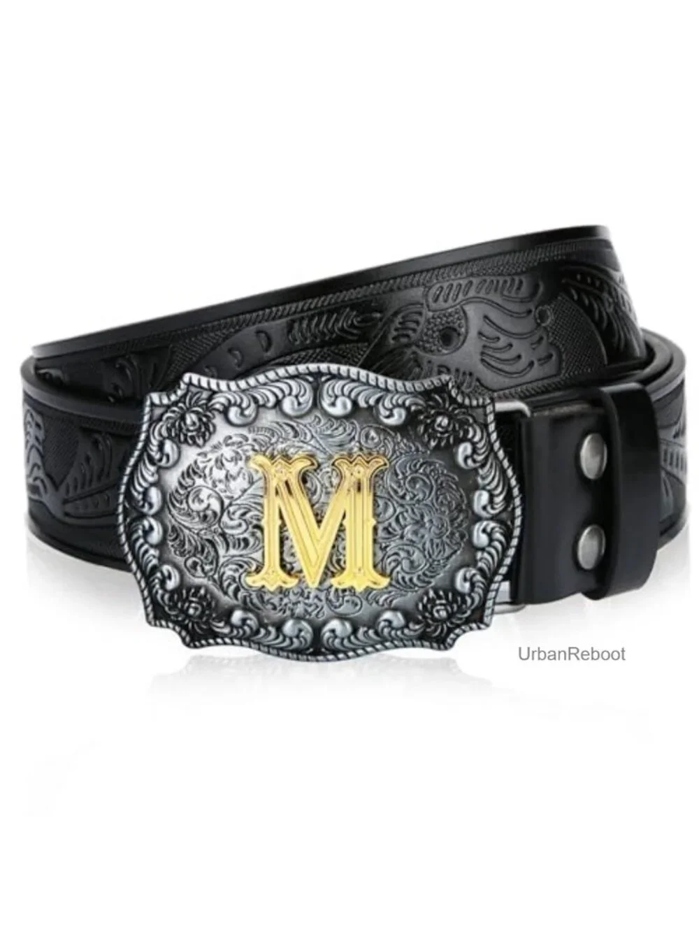 Men's Faux Leather Cowboy Belt with Gold Big Buckle - Western Style